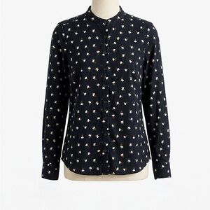 Boden Polly Corduroy Long Sleeve Button Down Shirt US 6 Black White Floral Boho